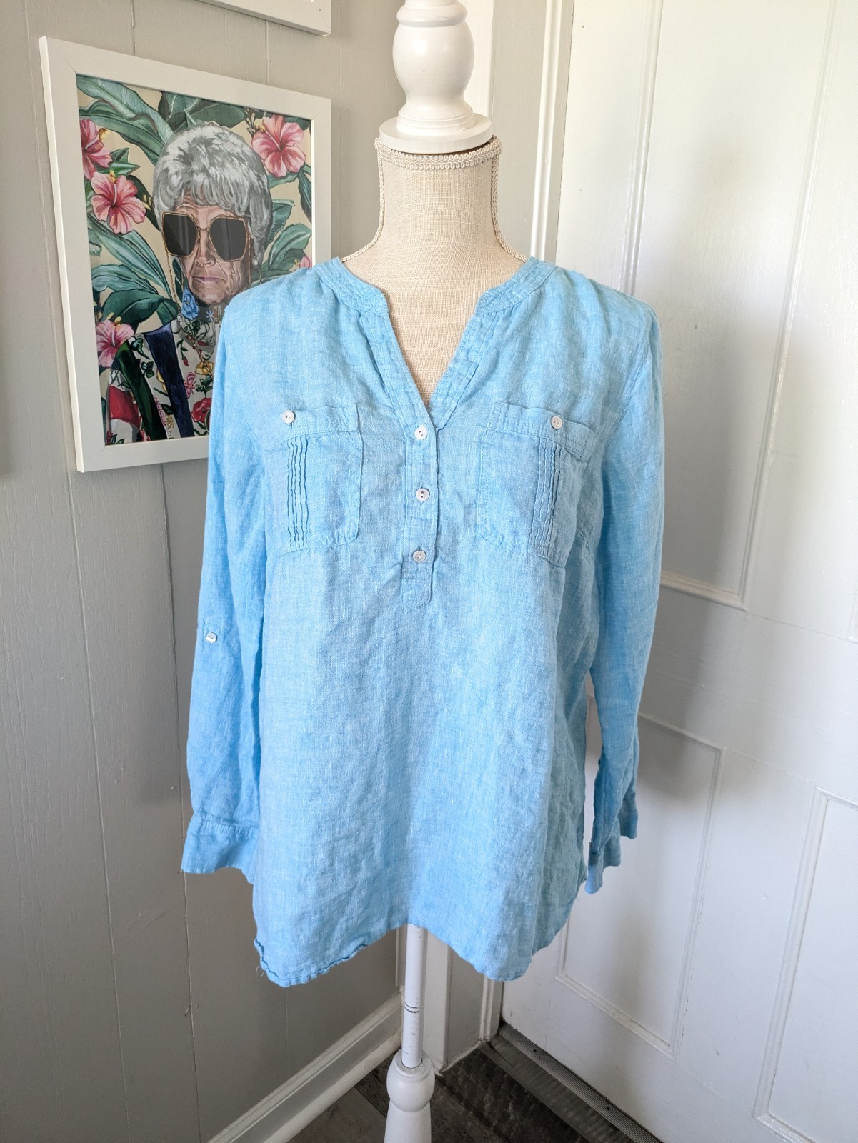 Talbots Linen Blend Popover Shirt Blouse Top Size M Blue Roll Tab Sleeve Beachy