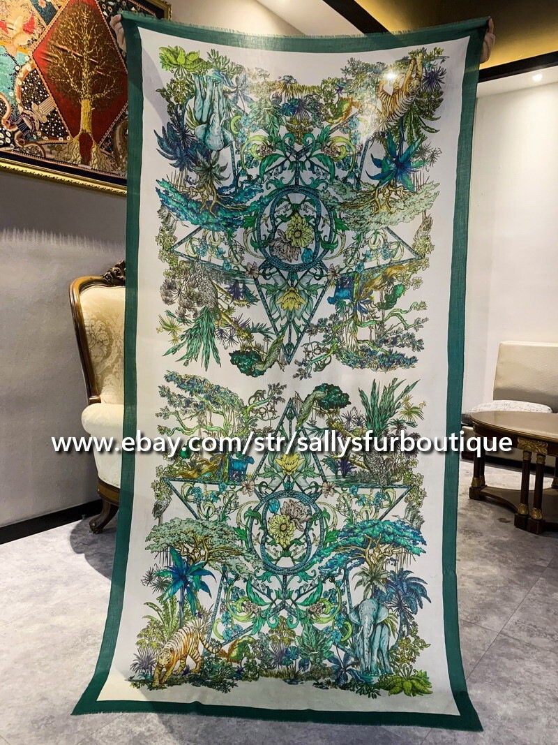 Sallys 200s Cashmere Thin Scarf Wrap Shawl Star Jungle Print Delicate 78″*39″
