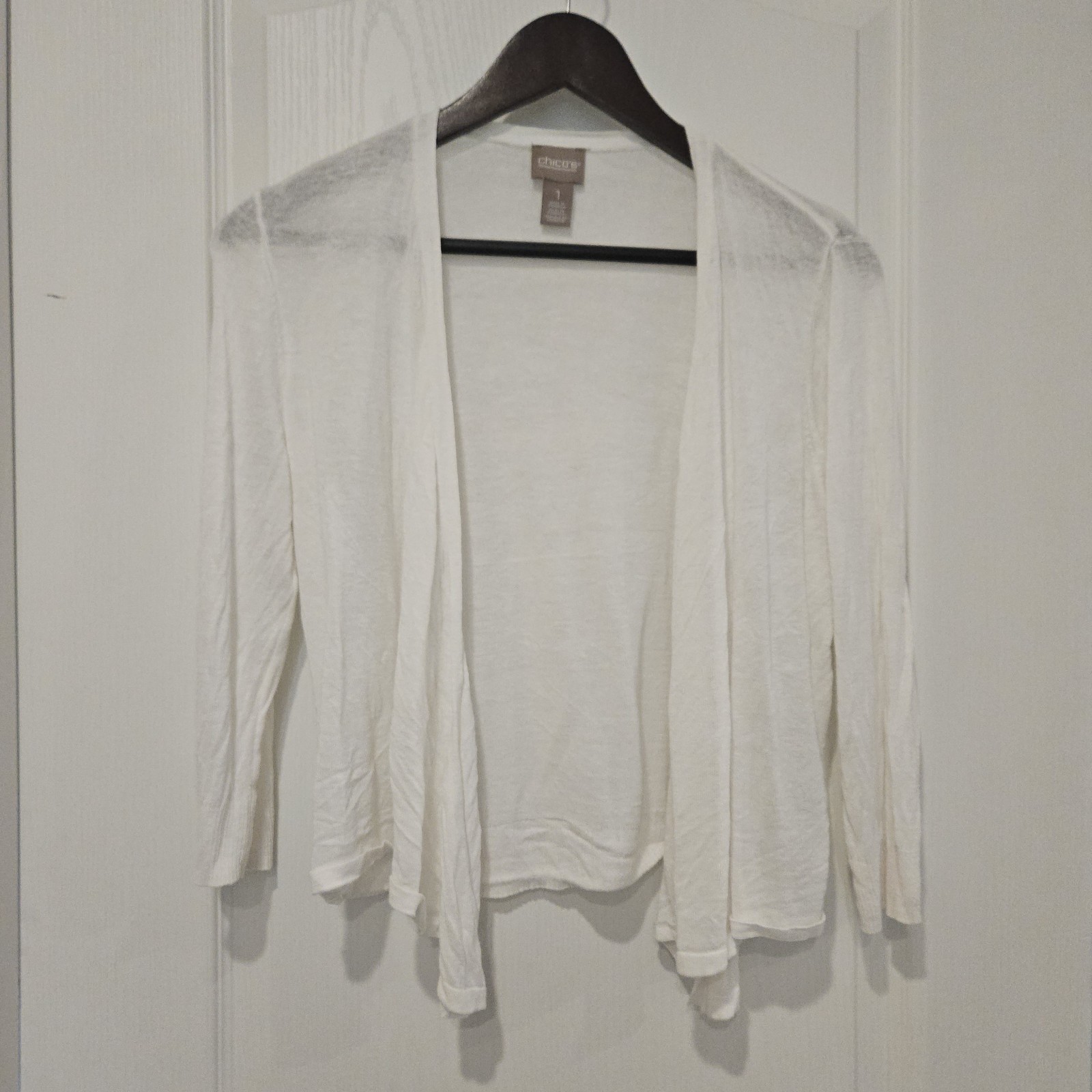 Chico’s White Semi-Sheer 3/4 Sleeve Open Front Wrap Cardigan – Size M layering
