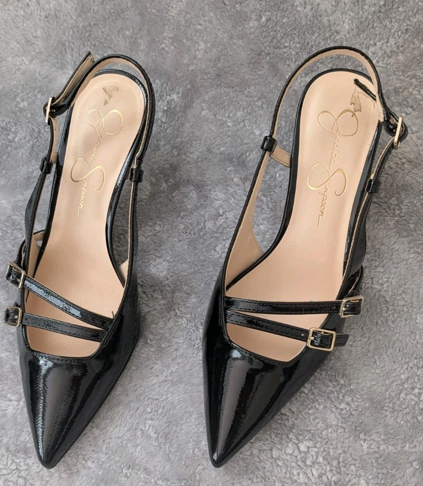 Jessica Simpson Black Patent Leather Slingback Kitten Heel Sz 8 Pumps