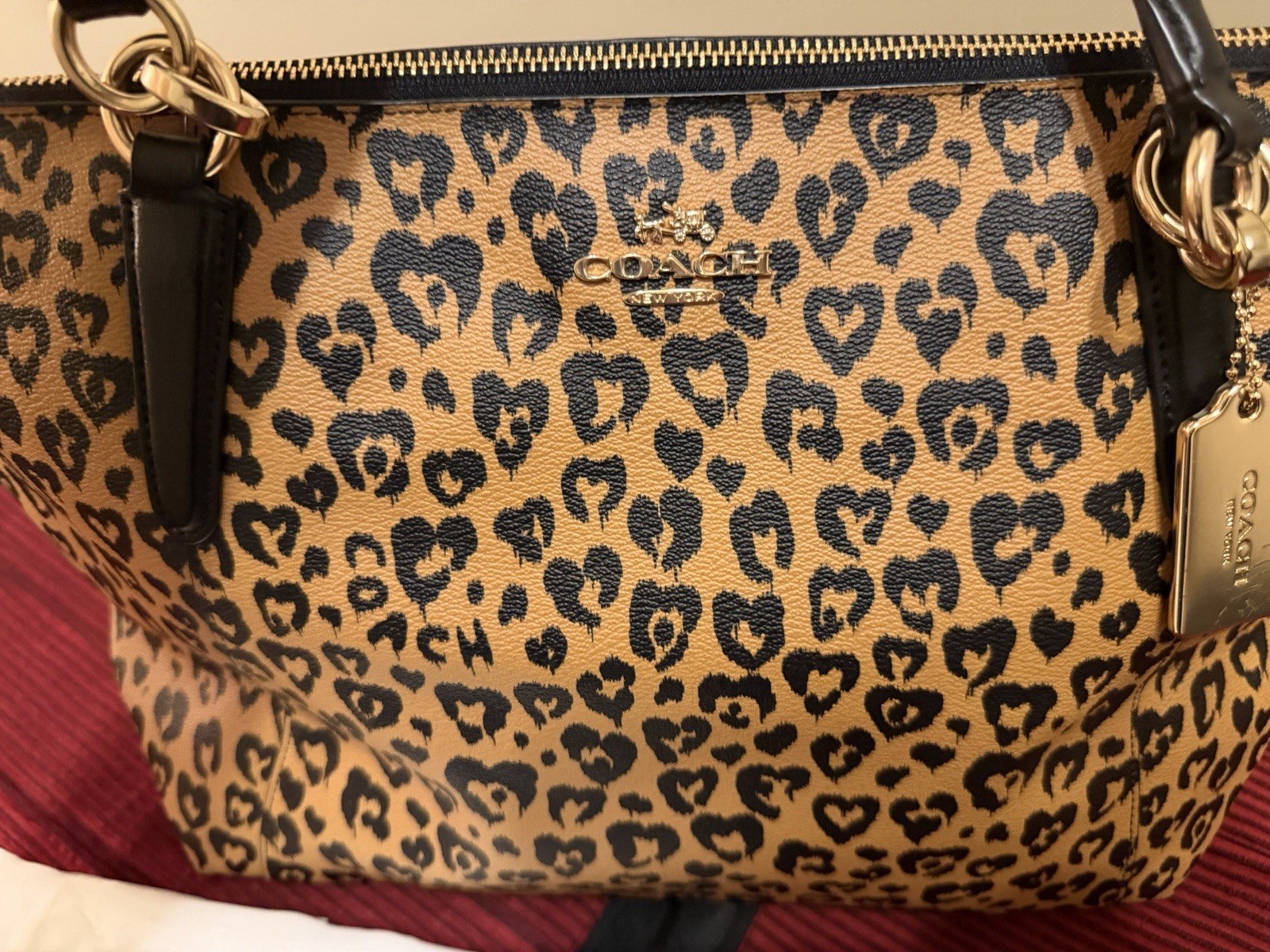Coach Leopard Print Tote Zip Top Lined Inner Pockets Gold Hardware Dust Bag
