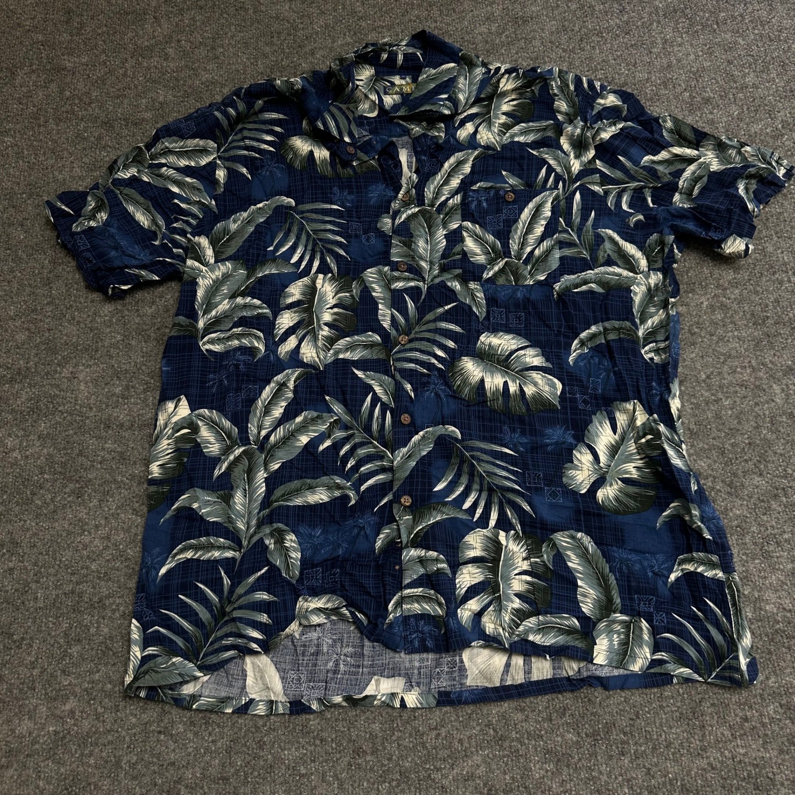 Campia Shirt Mens XL Blue Rayon Tropical Palm Leaf Short Sleeve Button Down