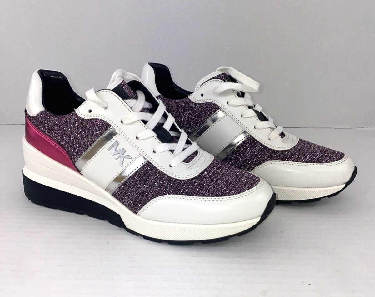 Michael Kors Mabel Trainers Sneakers Merlot Size 9 White Pink Glitter B3F