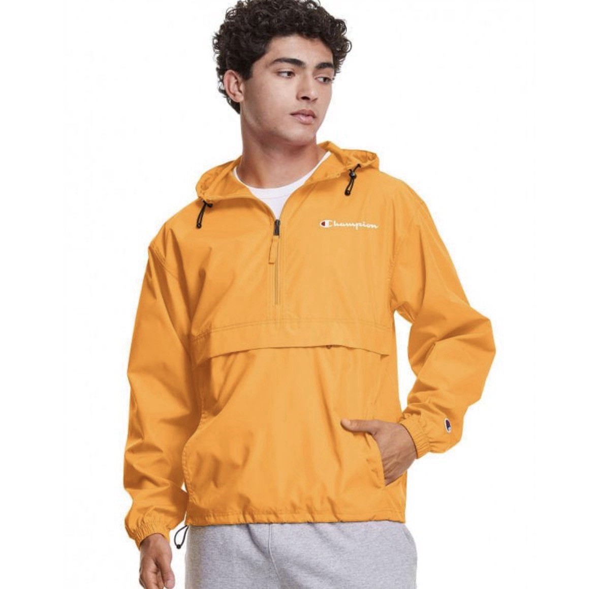 Champion Men’s Yellow Hooded 1/4 Zip Anorak Jacket Mid-Length Size L
