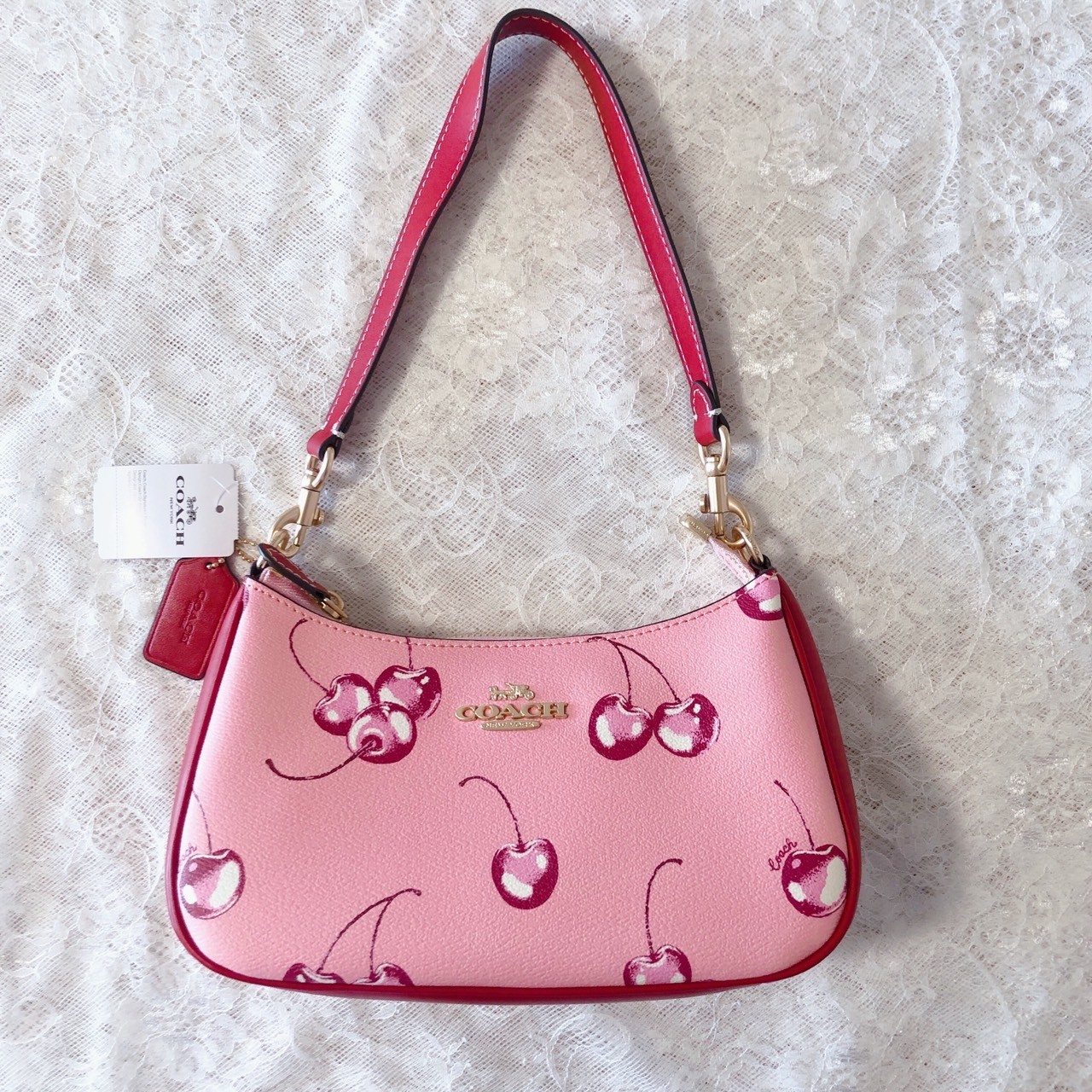 COACH Teri 2way Shoulder Bag Pink Canvas Leather Cherry Print CR290 Outlet New
