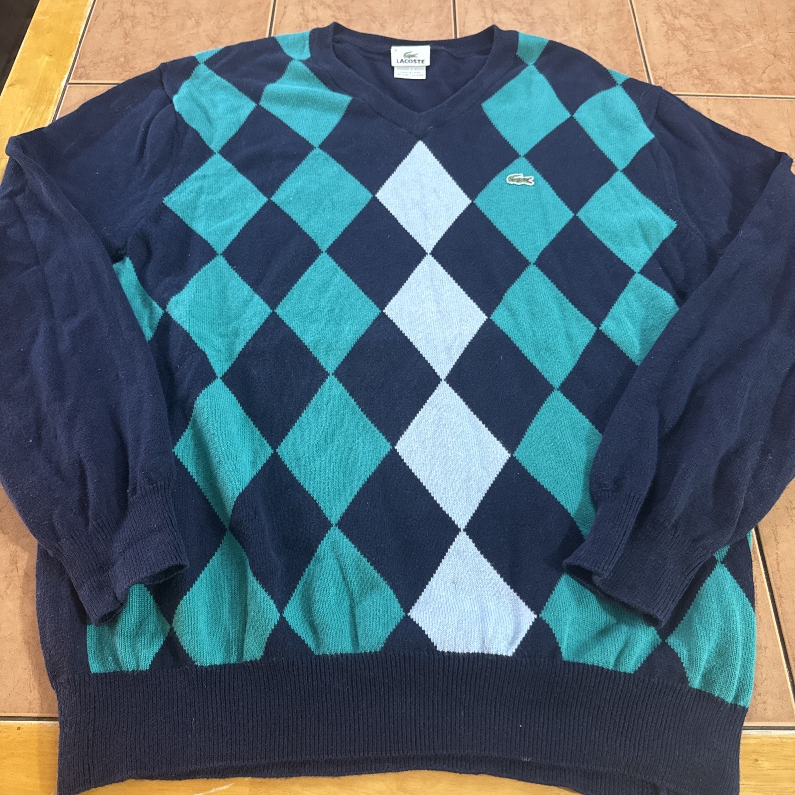Lacoste Sweater Men’s 6 XL Blue Argyle Knitted 100% Cotton V-Neck Golf Pullover