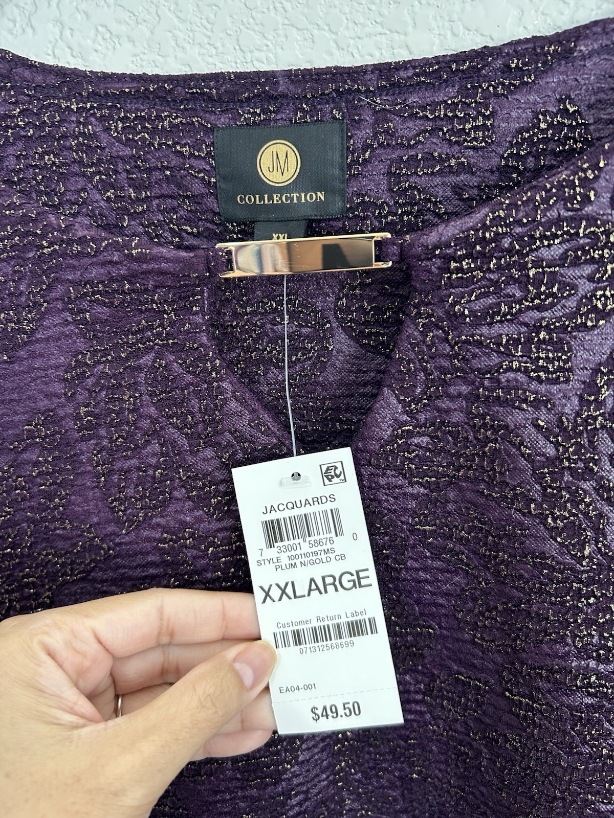 JM Collection Women’s Purple Gold Floral Metallic Jacquard 3/4 Scoop Blouse XXL