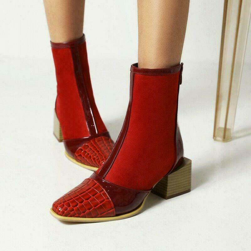 Splicing Leather Denim Women’s Ankle Boots Low Cuban Heel Shoes Casual Patchwork