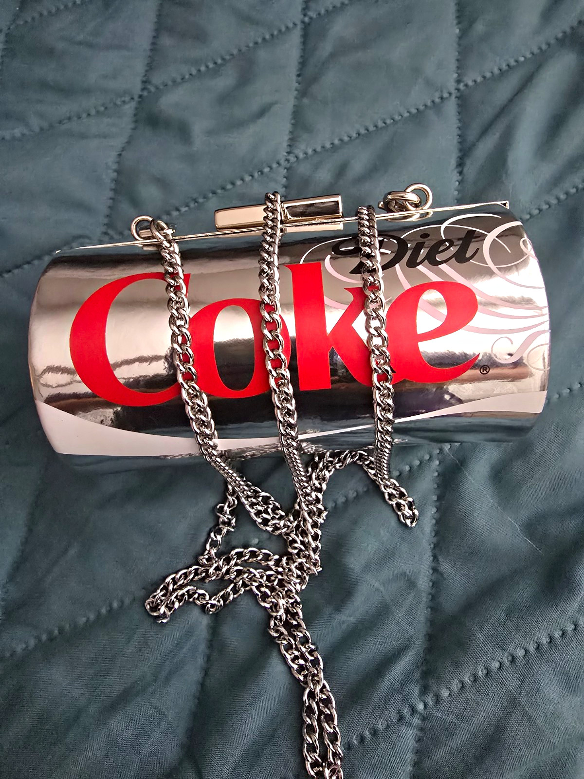 Coca-Cola Diet Coke Cylinder Clutch Purse Silver Chain Strap Clasp Closure
