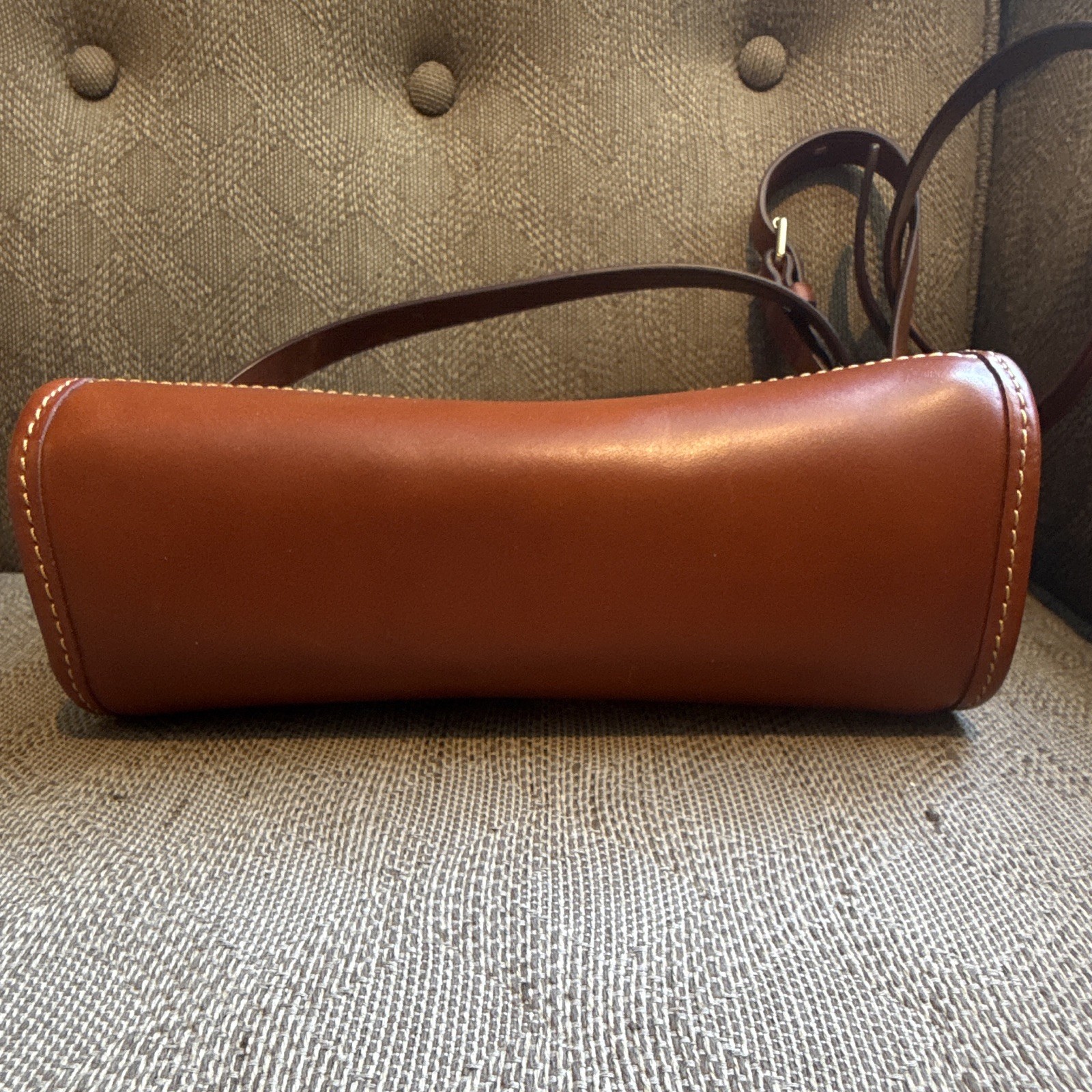 Dooney & Bourke Brown Logo Zip Crossbody, Gold Hardware, Adjustable Strap