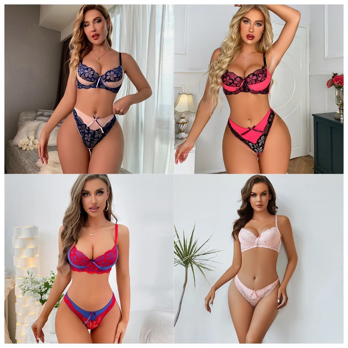 Full Coverage Solid Lace Push Up Bra and Thong Panties Set Seamless Lingerie