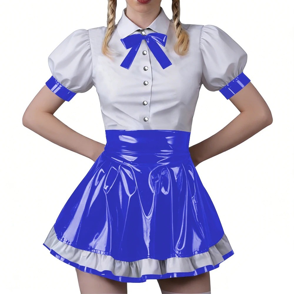 Women Vinyl PVC Bodycon Maid Sets Sweet Sexy Top Party Cosplay Unifom Skirt