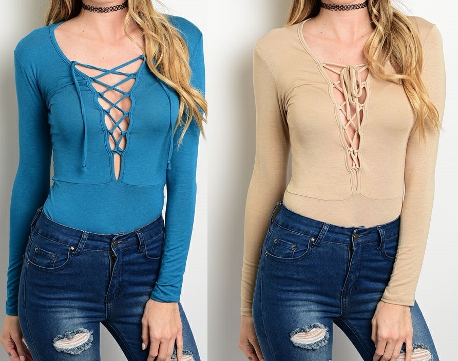Lace-Up Front Neckline Long Sleeve Snap Crotch Bodysuit Blouse Top S M L