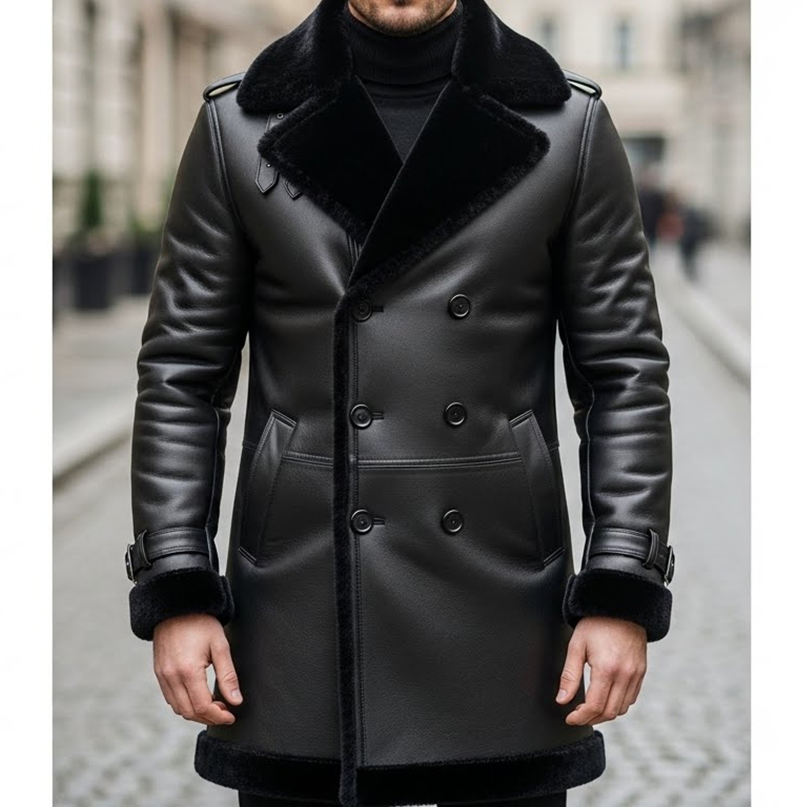 Men’s Real Sheepskin Long Coat Fur Lined Leather Shearling Jacket Black XL XXL