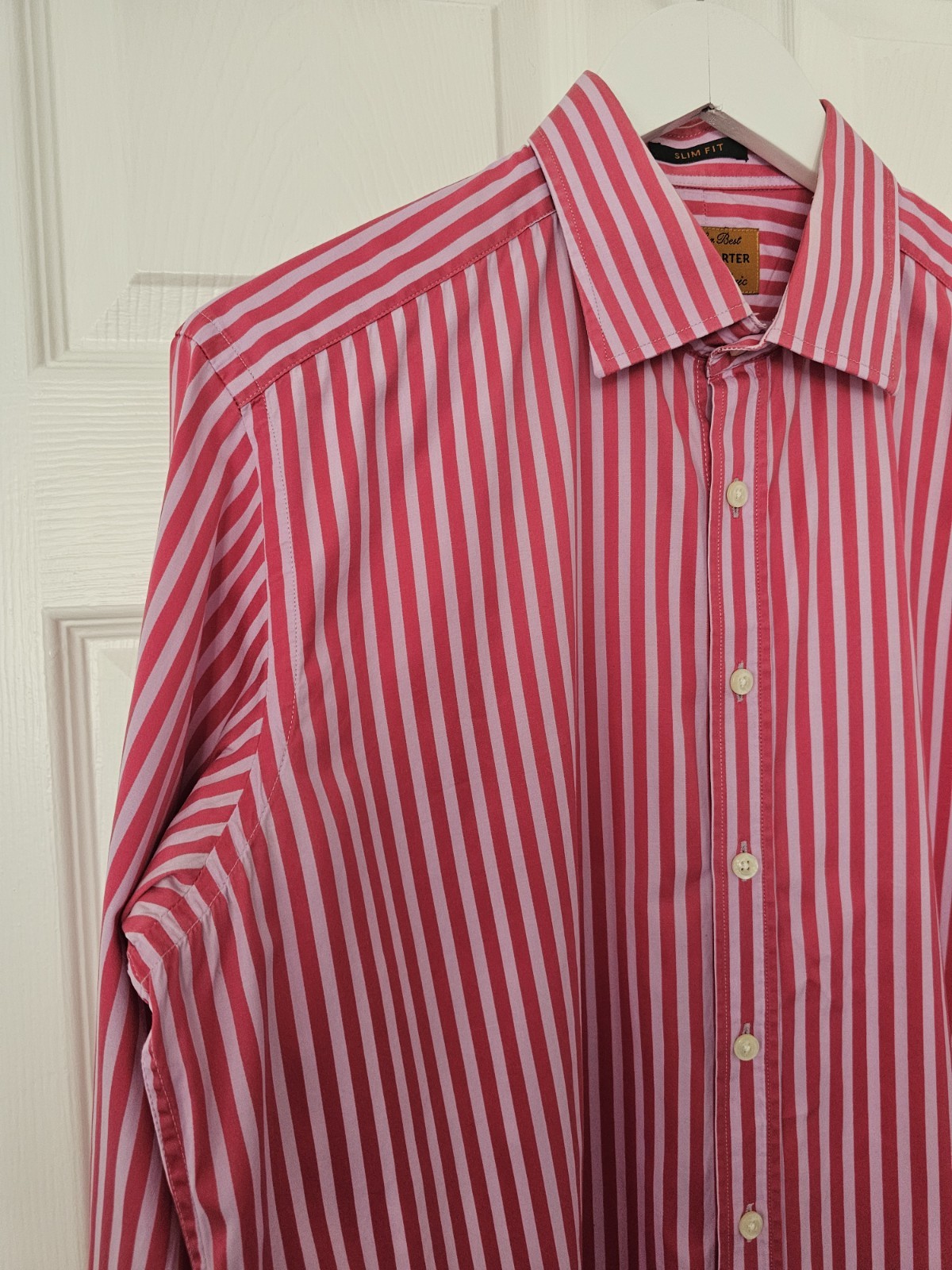 Simon Carter Stripe Shirt Size 16.5″ Slim Fit Luxurious Fabric Cotton Pink Lilac