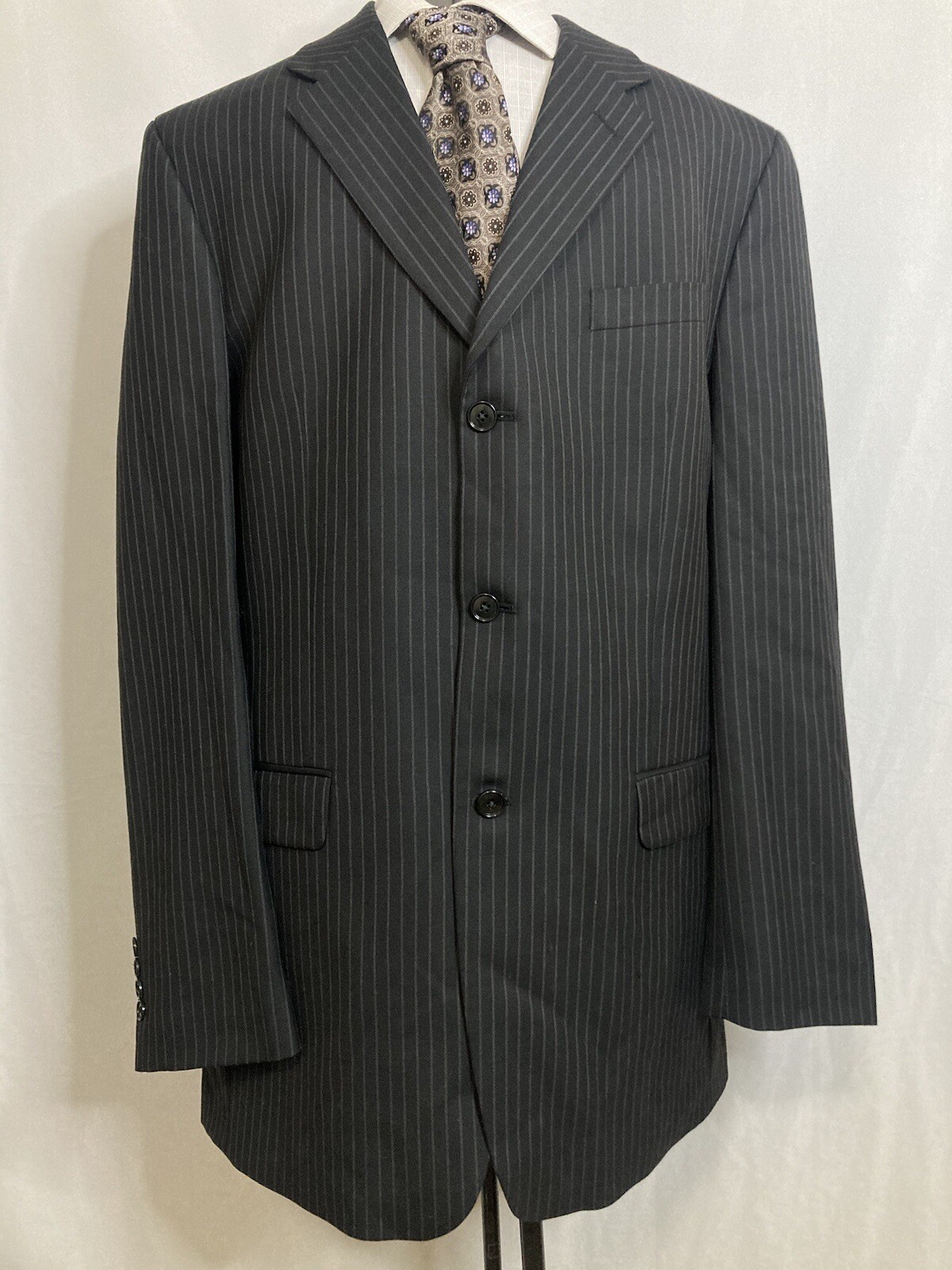 Mens 44L Blazer Black Striped Wool 3 Button 2XL 48″ Sport Coat Suit Jacket JNY