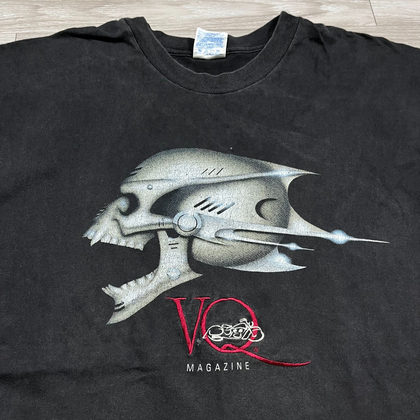 Vintage 90s Easyriders VQ Magazine Cyborg Skull Biker T Shirt 2XL Black Fade
