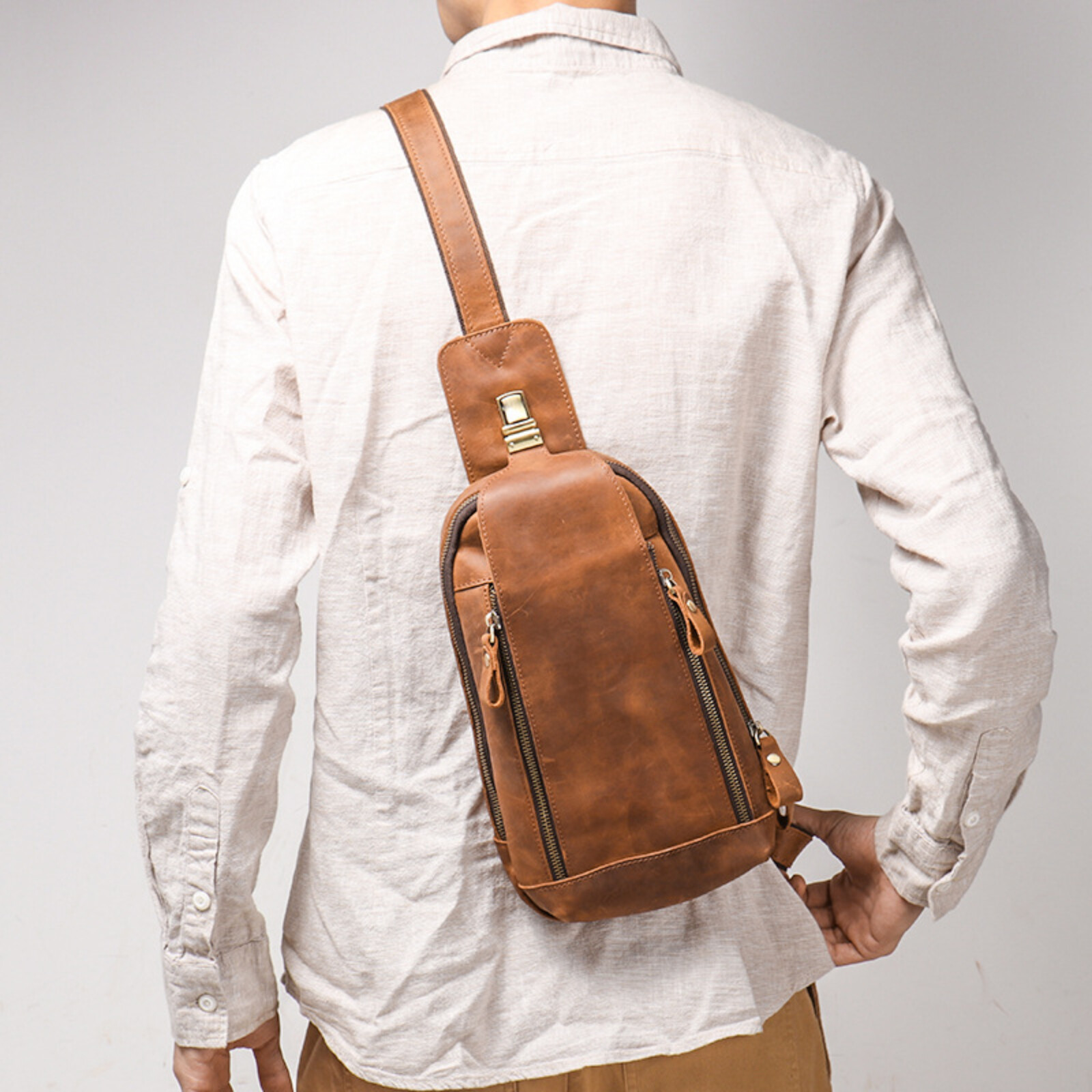 Men’s Leather Sling Bag Chest Crossbody Shoulder Pack Vintage Style Everyday Use