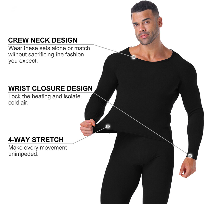 Men Fleece Lined Thermal Underwear Set Warm Soft Fit Long Johns Tops and Pants