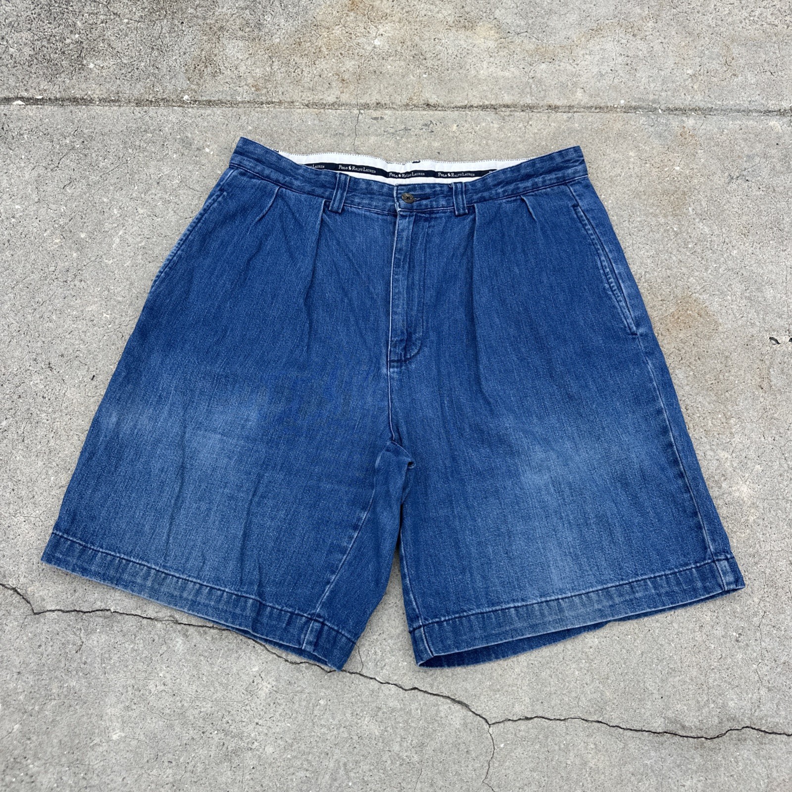 VTG Polo Ralph Lauren Blue Denim Tyler Bermuda Shorts Pleated Mens 31* See Pics*