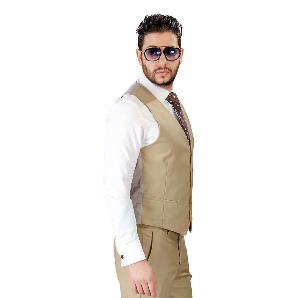 Tan Beige Slim Fit Men Suit 2 Button Notch Lapel Azar Man Vest Optional 4030-10