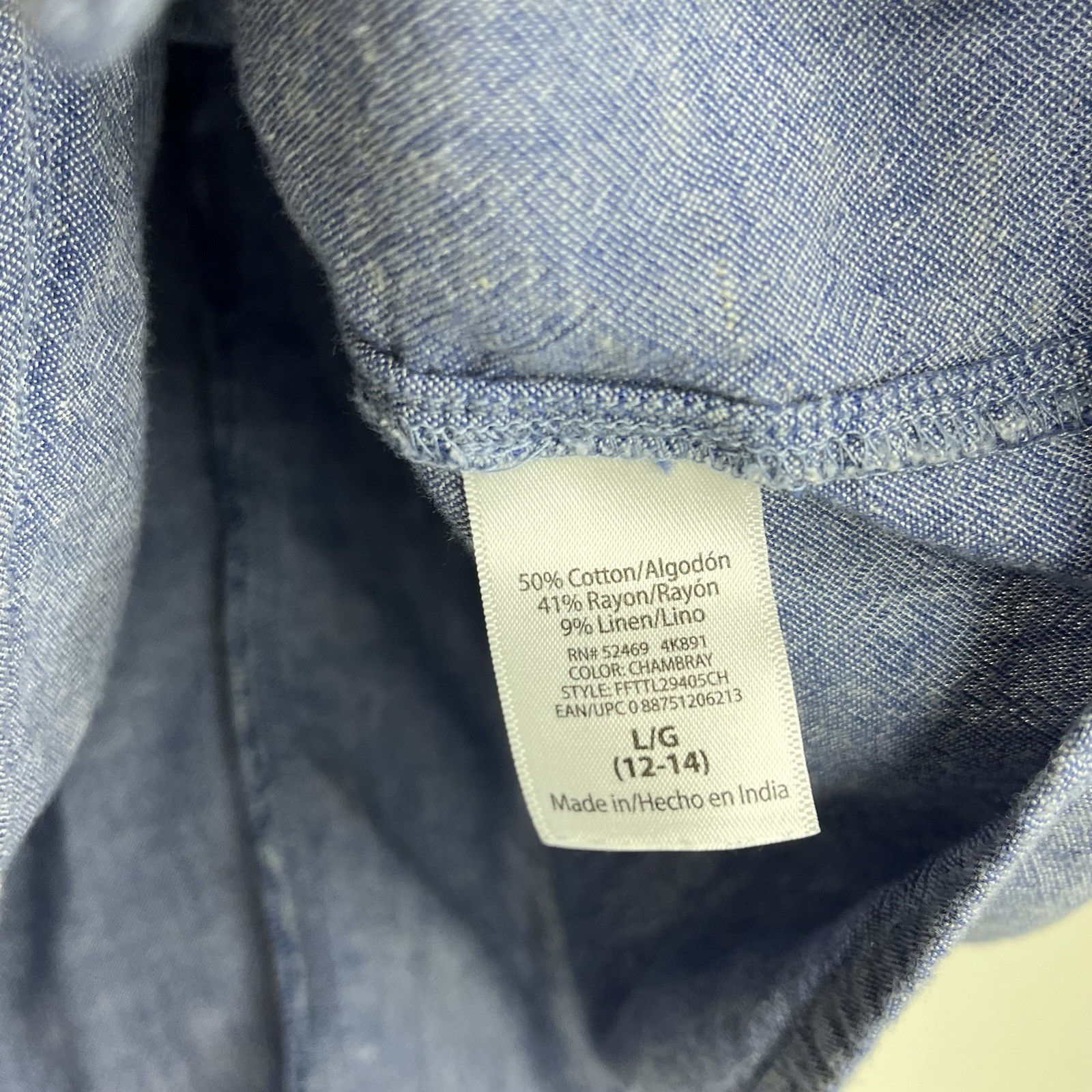 Time and Tru Blouse L Blue Tie Front Linen Blend Casual Boho