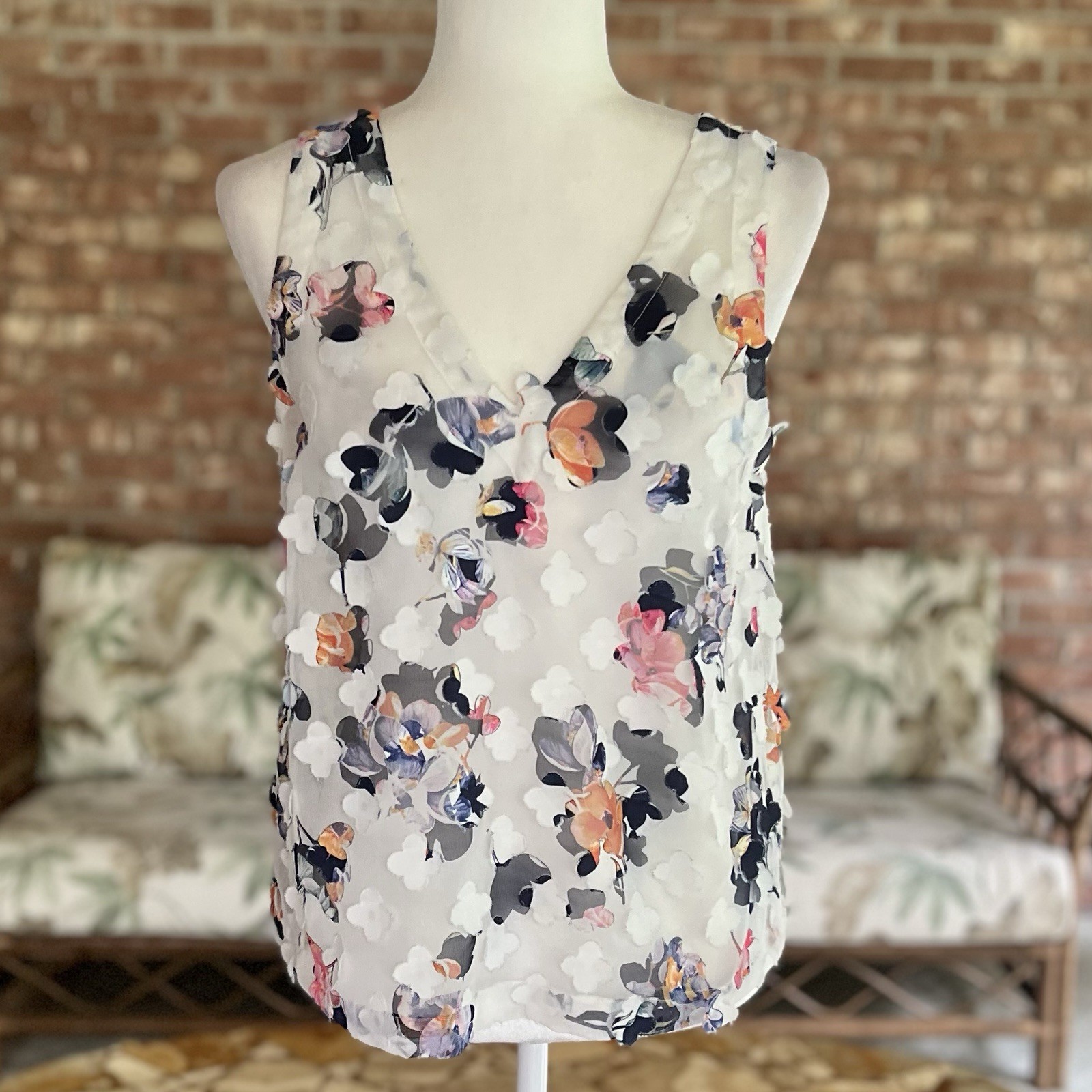 A New Day Women’s White Blue Floral 3D Applique Sheer Tank Top M Fairycore