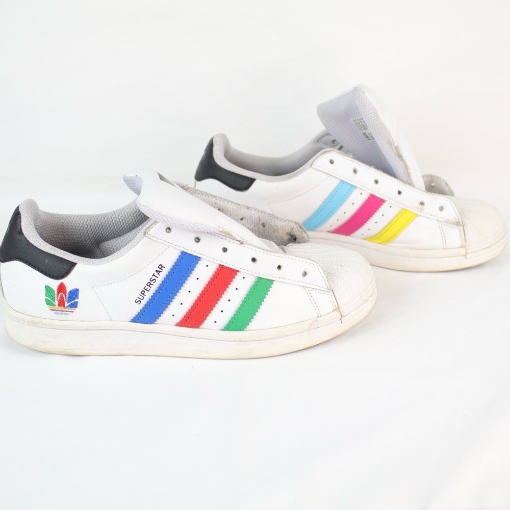 Adidas White with Multicolored Stripes Superstar Shell Toe Sneakers Kids Size 6