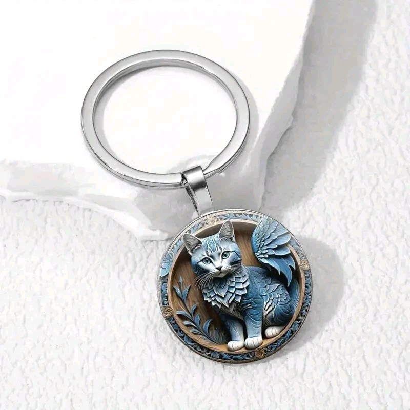 Cute Blue Cat Key Ring Keychain Women Men Cat Lover Gift