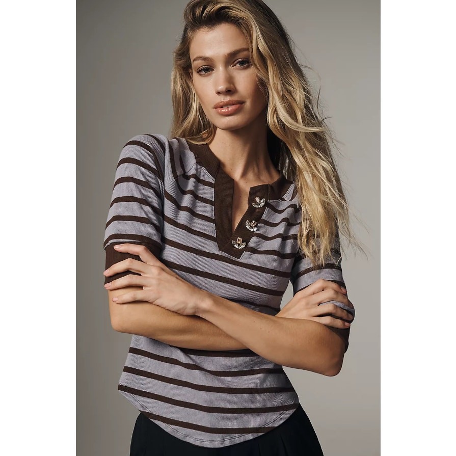 Maeve Purple Brown Stripe Ribbed Short Sleeve Henley Shirt Preppy Sparkle 2X