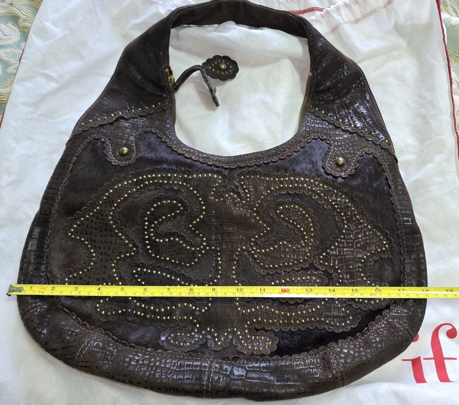 Isabella Fiore NWT, Brown Leather/Calf Hair Studded Hobo Bag, Aldic Ging RARE