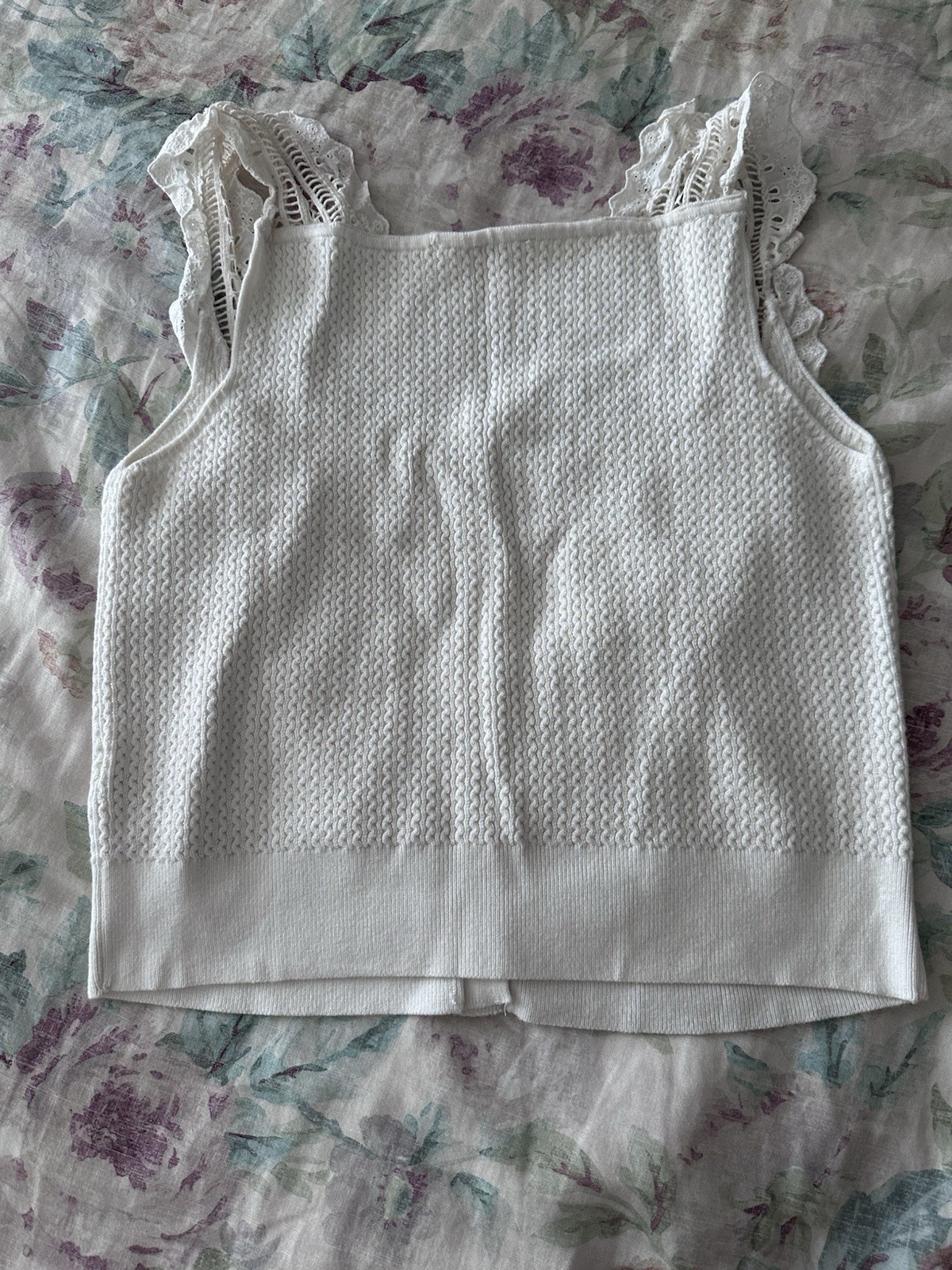 Pilcro White Solid Square Neck Lace Ruffle Button Front Knit Tank Women XL