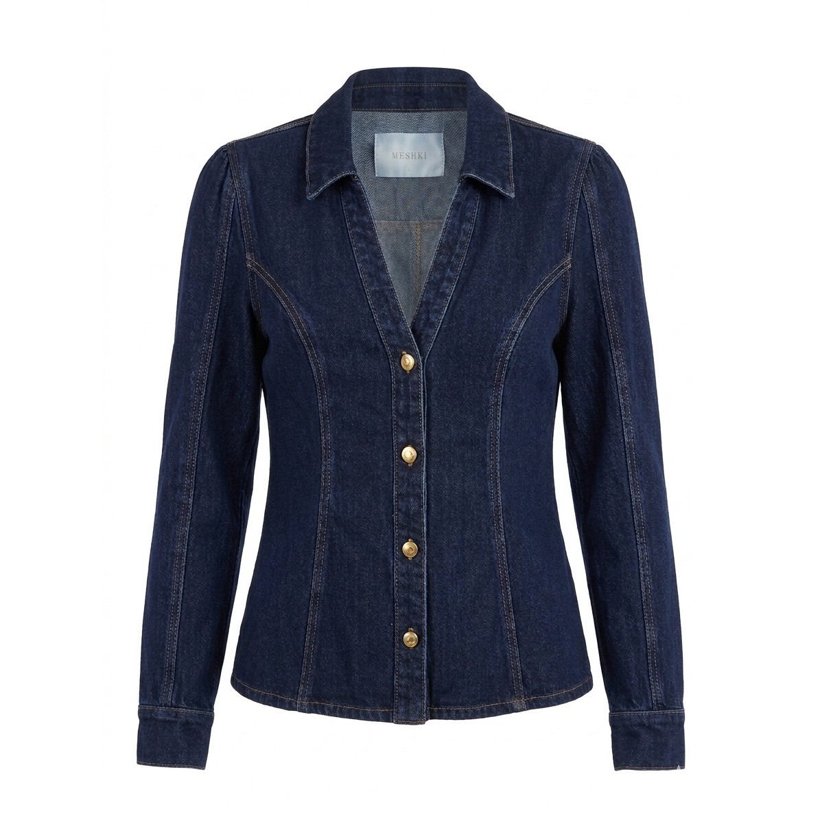 Meshki Dark Wash Denim Tailored Jacket Gold Buttons Blue Large DN08362