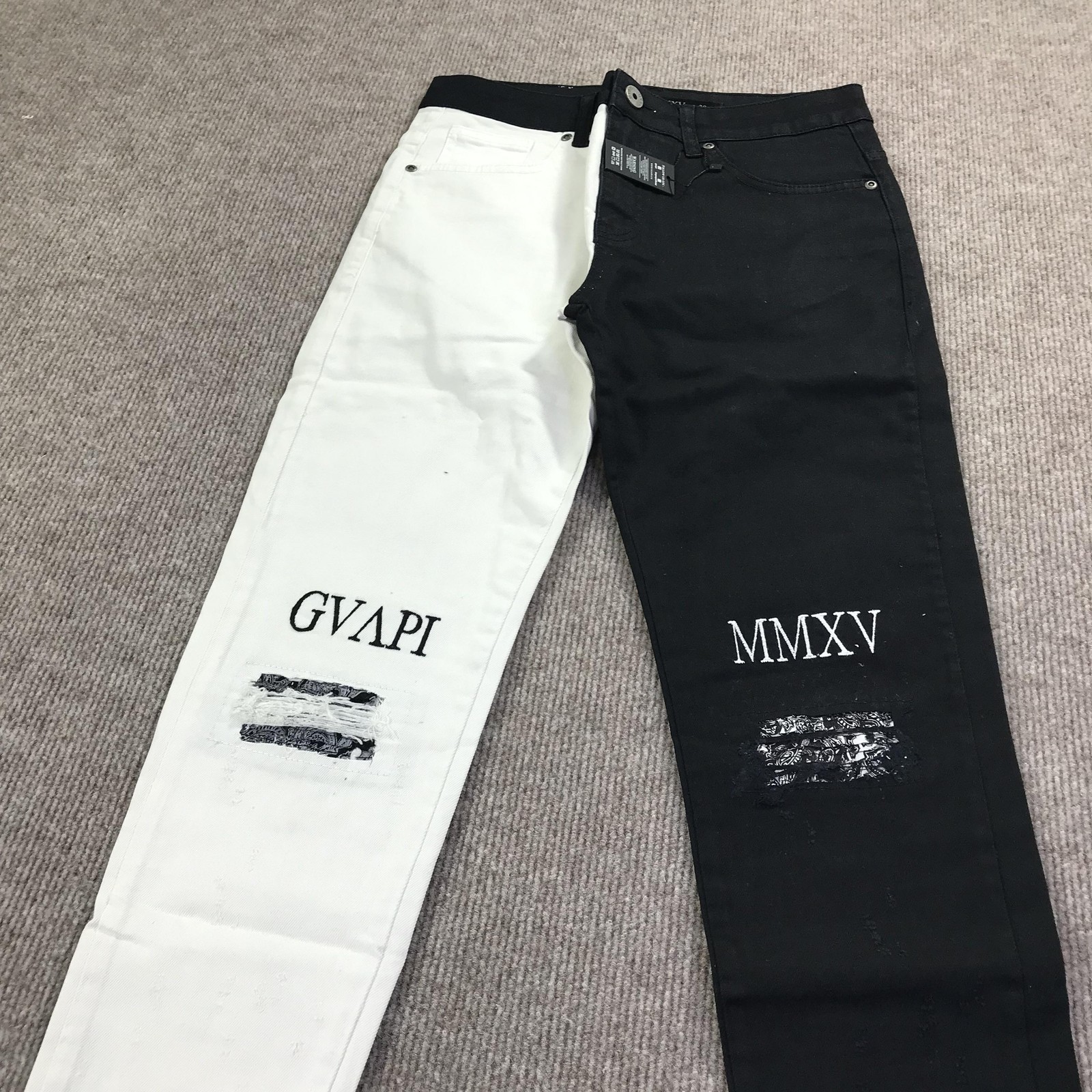GVAPI MMXV Jeans Mens 30 Black White Split Leg Distressed Patchwork Zipper Pants