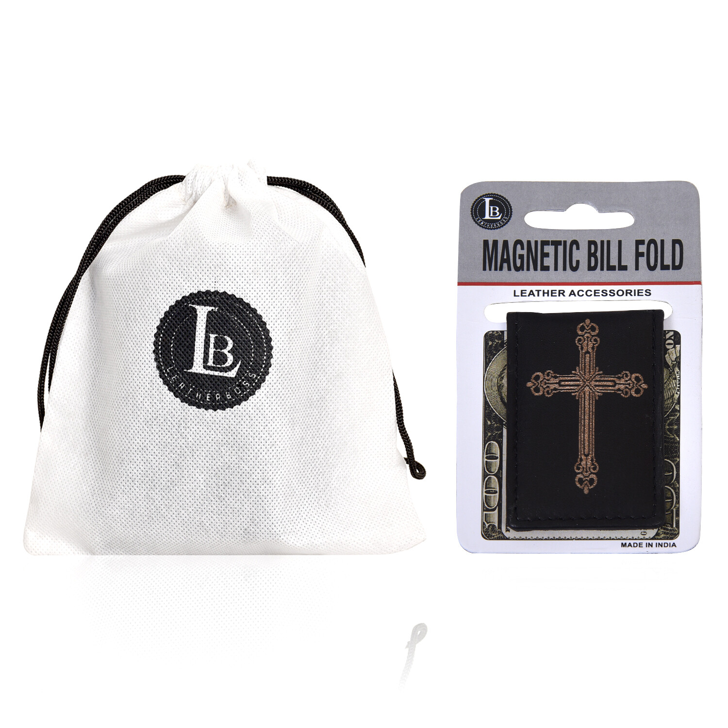 Leatherboss Genuine Leather Men Cross Print Strong Magnetic Money Clip, Black
