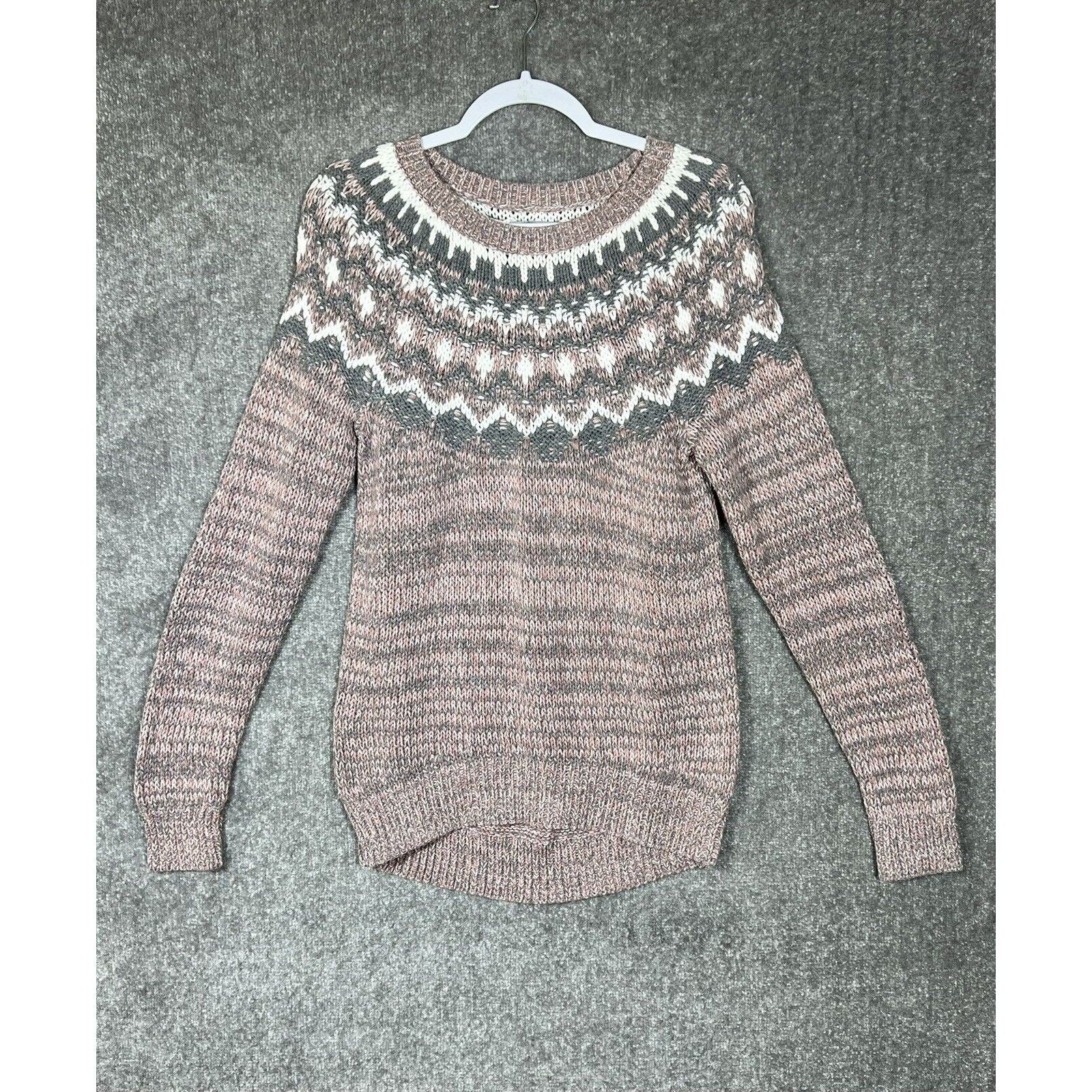 GH Bass Fair Isle Sweater Womens Sz Medium Pink Gray White Pullover Long Sleeve