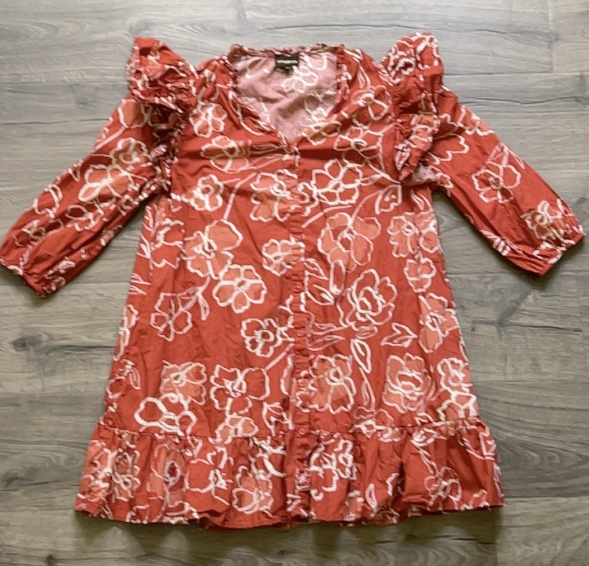 Sugarlips Women’s Rust White Floral V-Neck 3/4 Sleeve Fit & Flare Dress L