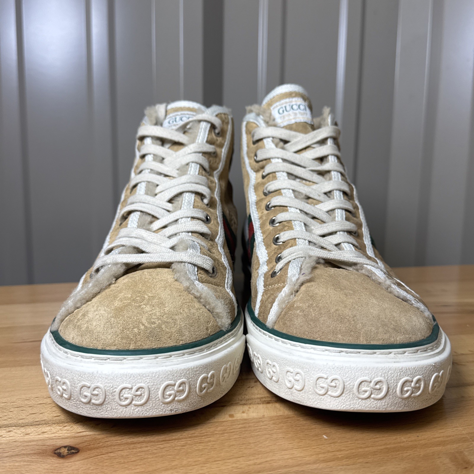 Gucci Tennis 1977 High Top Beige GG Monogram Suede Shearling UK 11 Men’s US 12