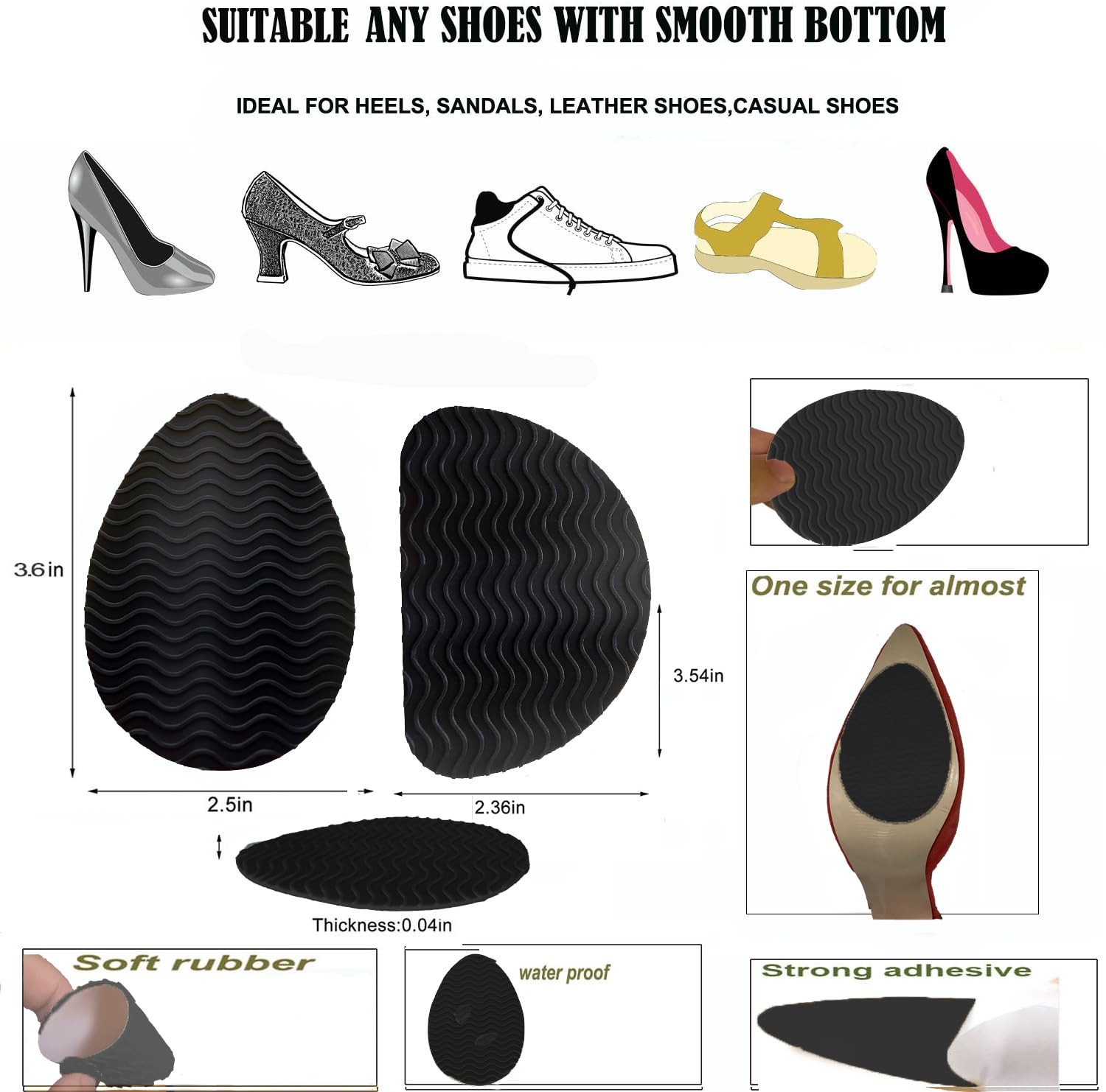 Non-Slip Shoe Pads,Adhesive Grips, Sole 3.6″*2.5″*0.04″, Black