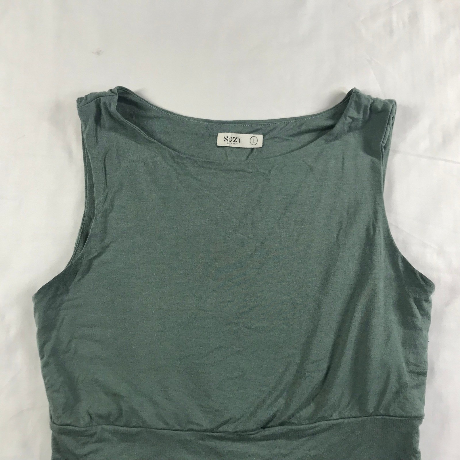 Sozy Sage Green Modal Blend Sleeveless Crop Top Boat Neck Banded Hem Large
