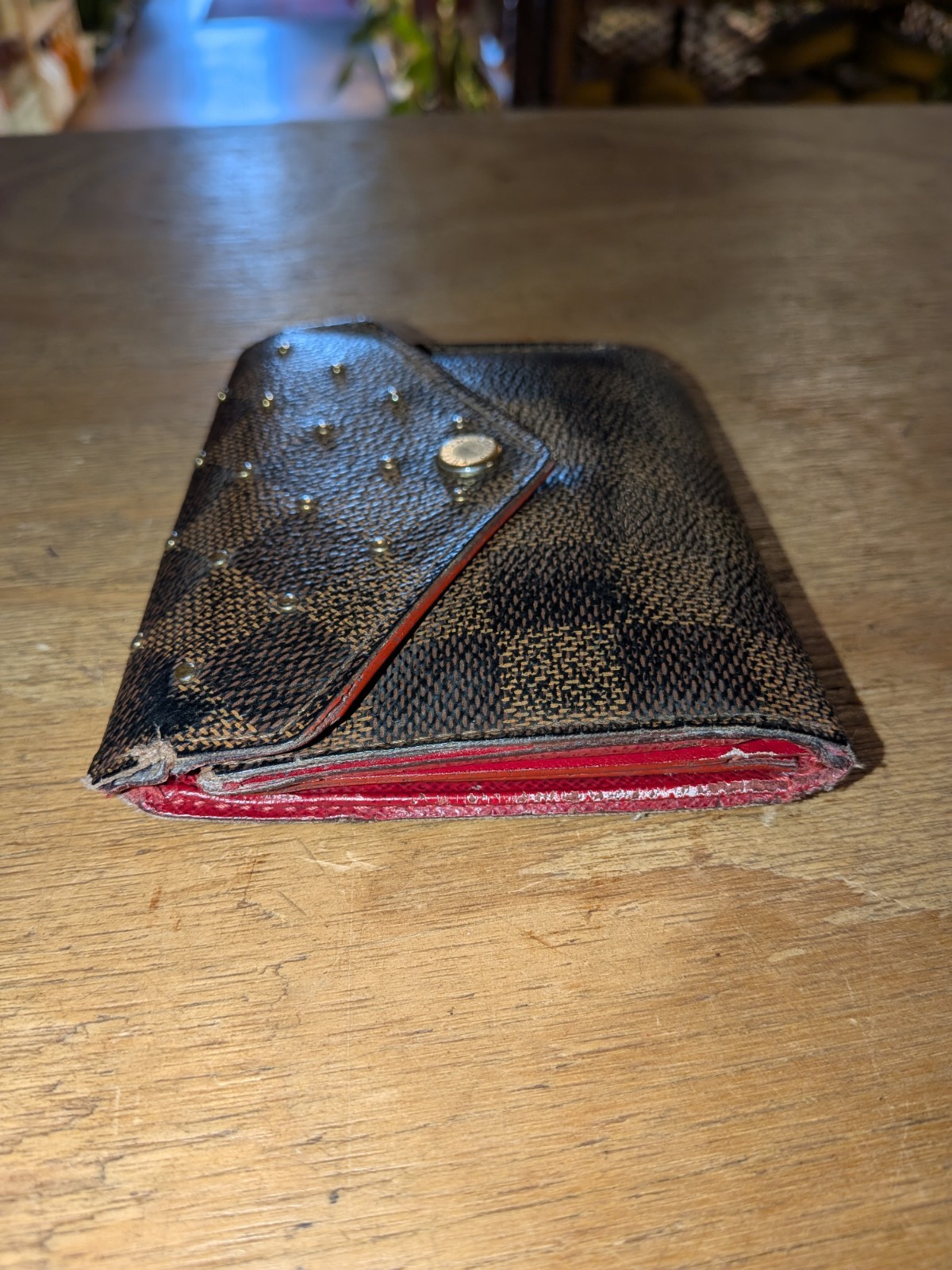 Very Rare! Louis Vuitton Damier Ebene Studded Victorine Wallet Cherry LV
