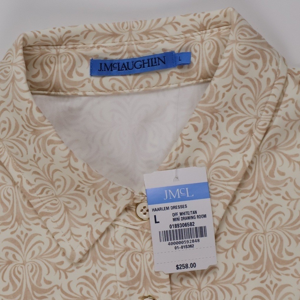 J.McLaughlin Haarlem Shirt Dress Off White Tan Scroll Print L NWT MSRP $258
