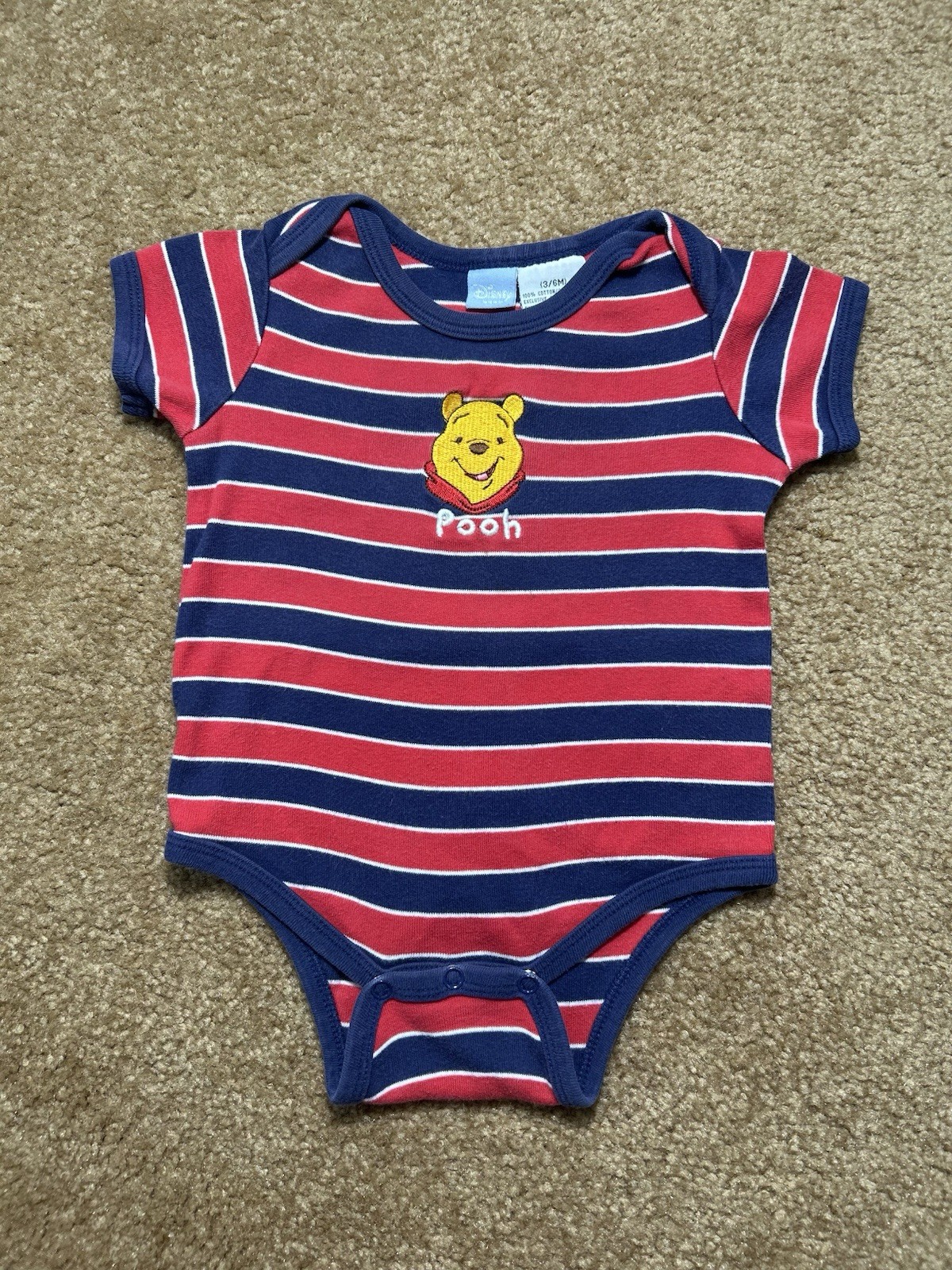 Disney Baby Winnie The Pooh Striped Bodysuit 3-6 Months Red Blue One Piece