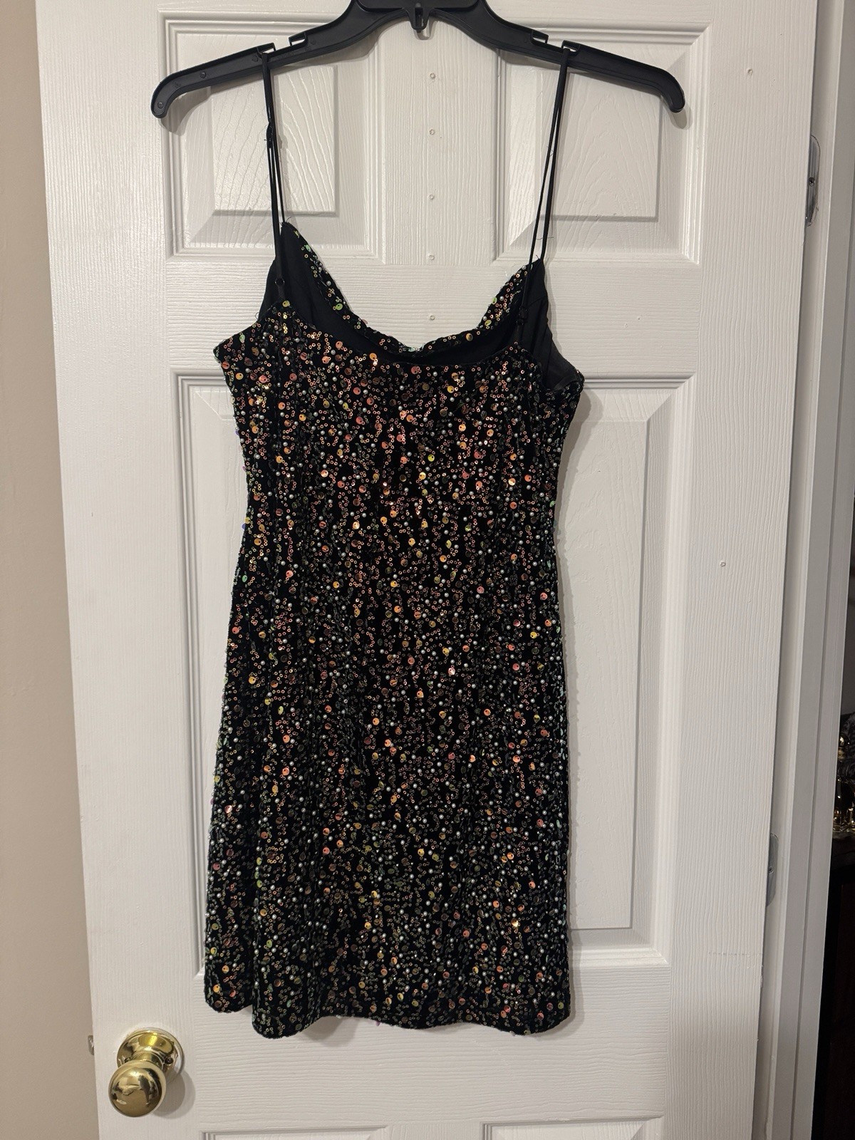 Women’s Black/Multicolor Sequin V-Neck Spaghetti Strap Mini Bodycon XL