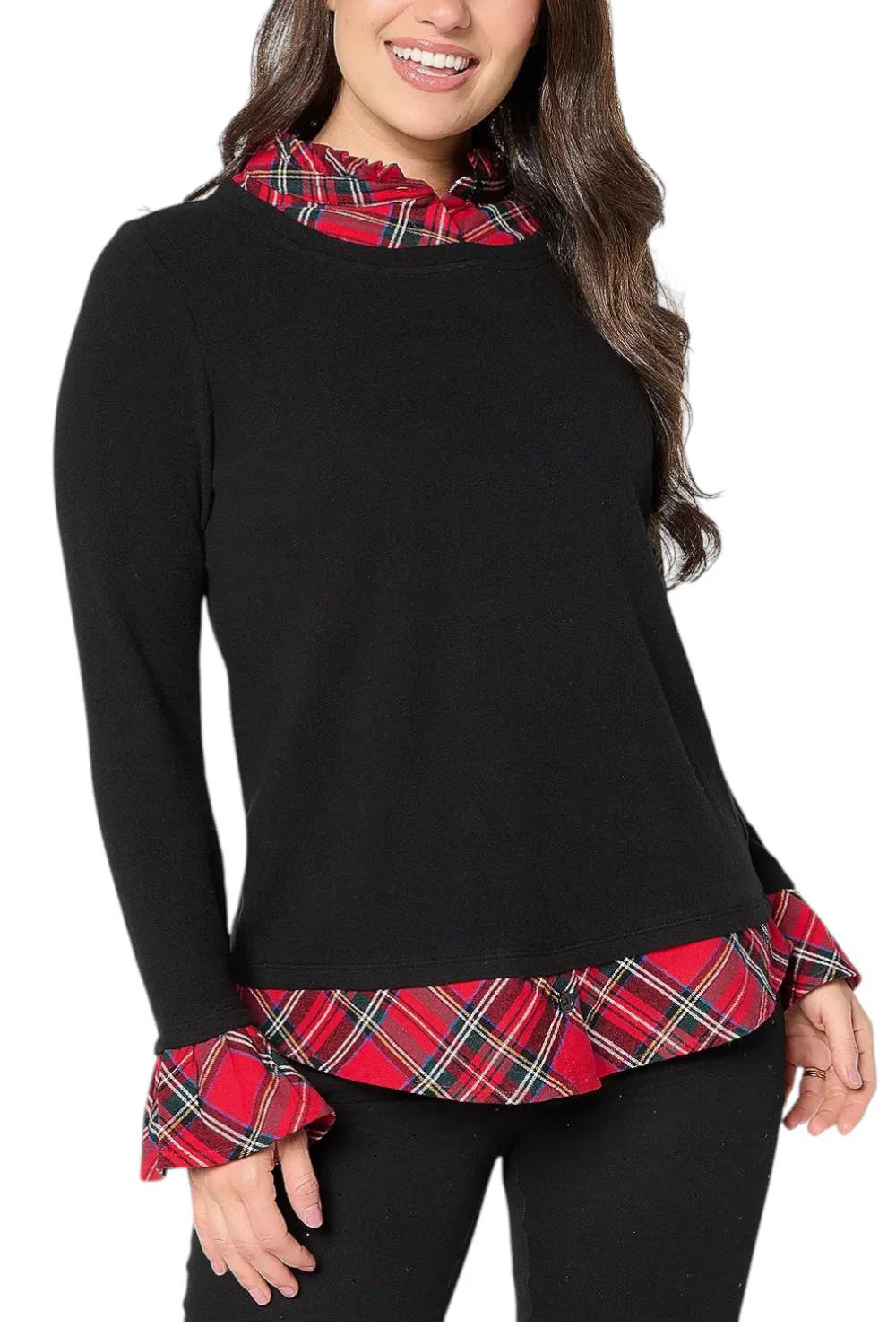 Belles by Kim Gravel Women’s Peek a Boo Ruffle Tartan Top Black