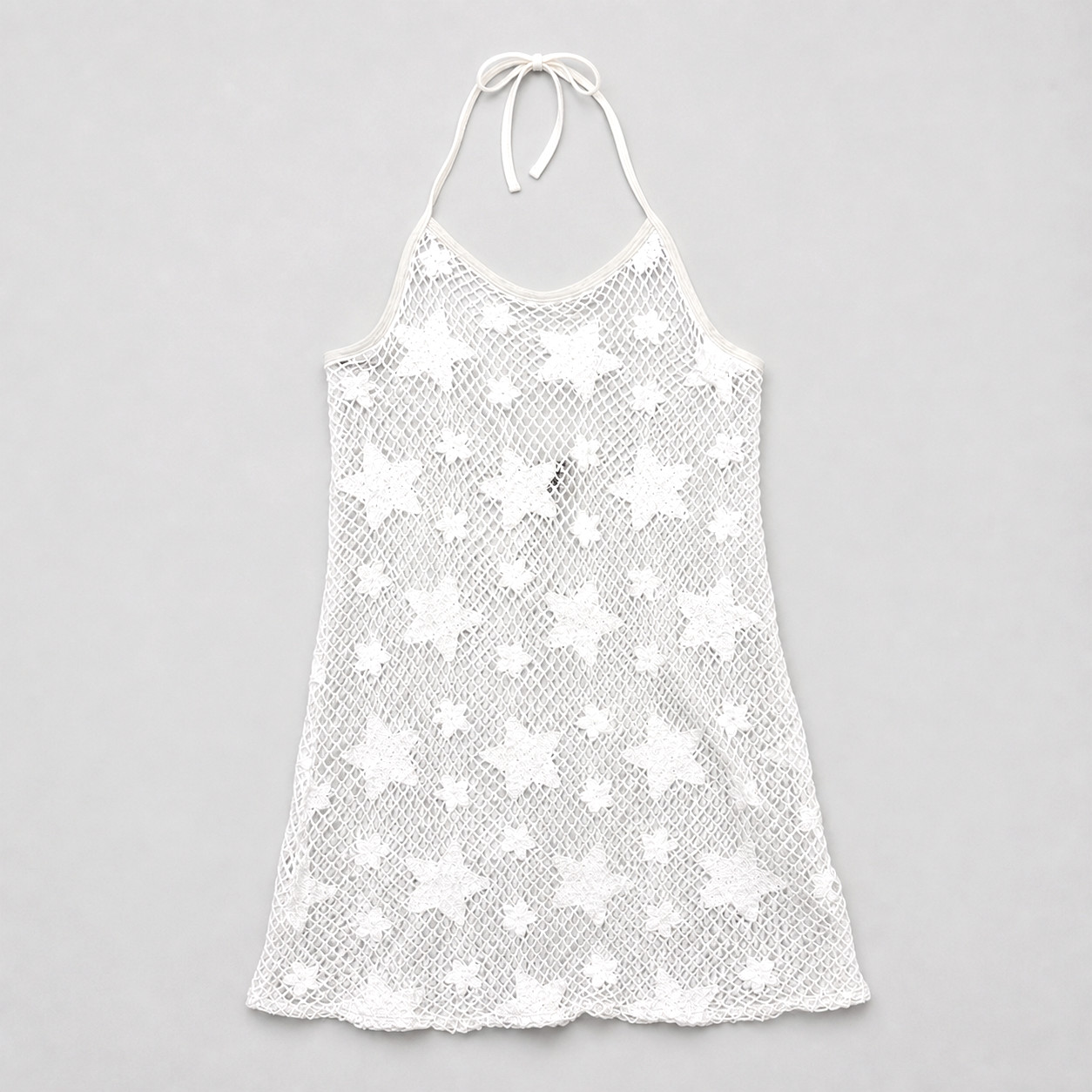 Y2K Style White Crochet Star Beach Cover Up Halter Dress Sheer Swim XXS