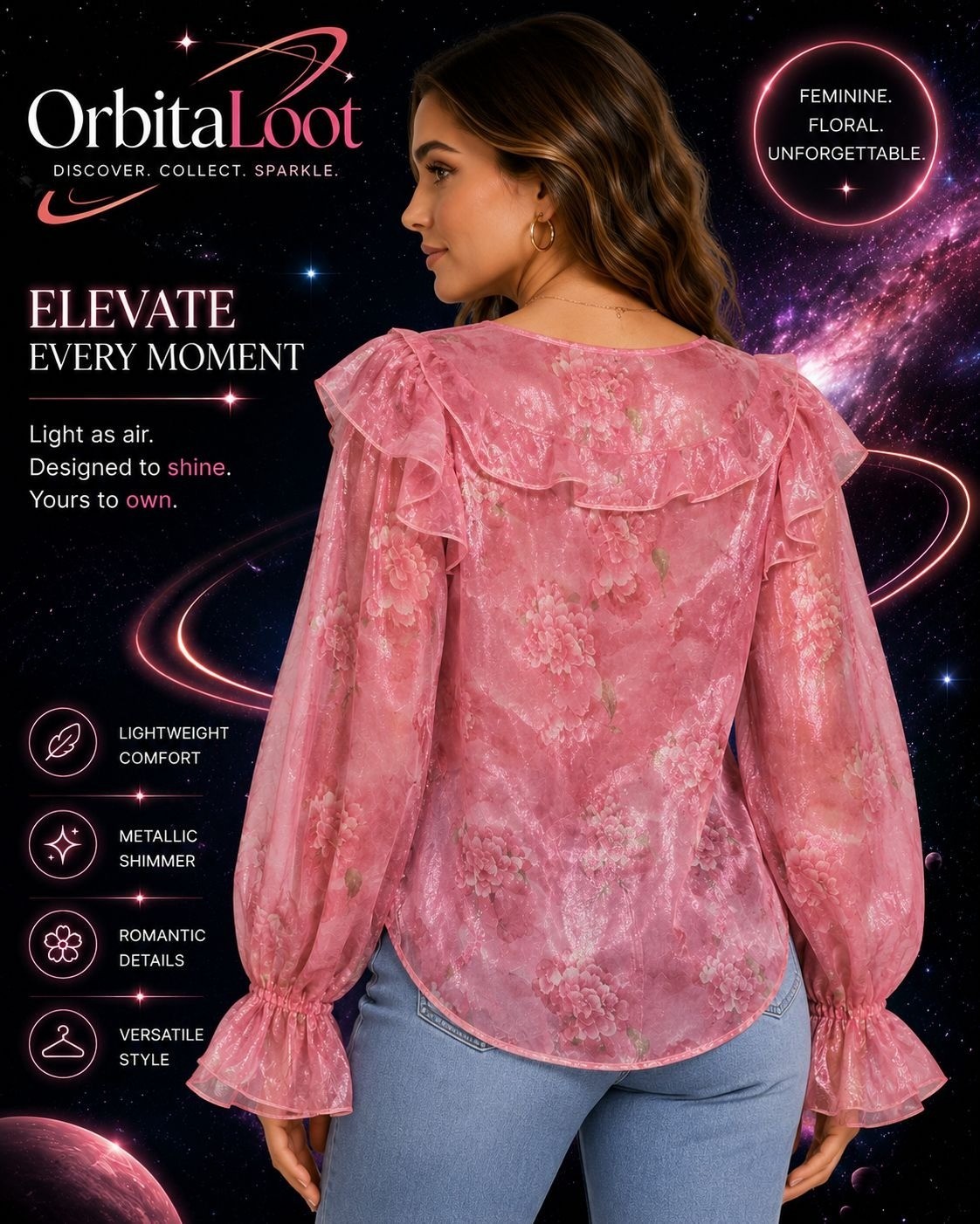 N by Niki XXL Pink Floral Shimmer Ruffle Blouse Sheer Long Sleeve Top MSRP $79