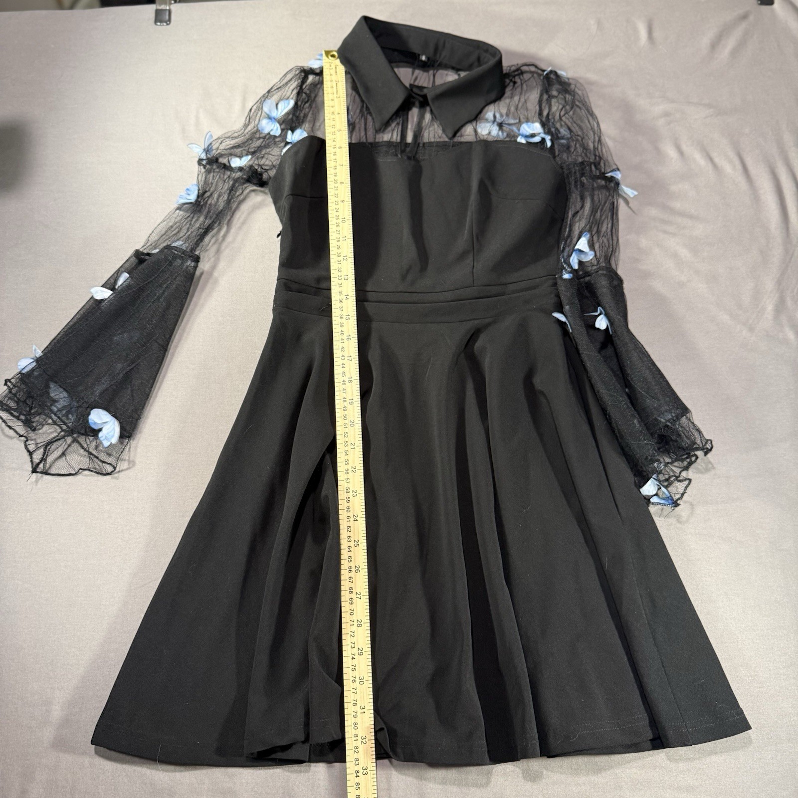 Vintage 50’s Rockabilly Swing Dress Embroidered Floral Mesh Bell Sleeve S
