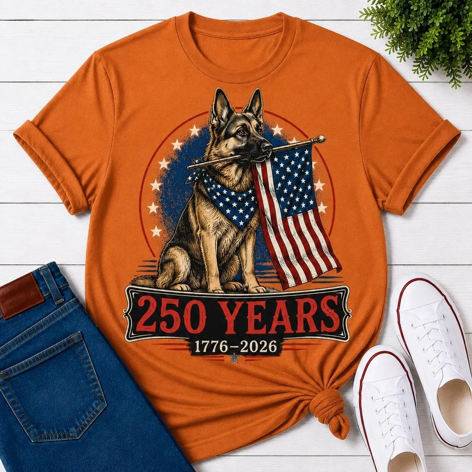 German Shepherd Patriotic 250 Years 1776-2026 USA Flag Dog Lover T-Shirt
