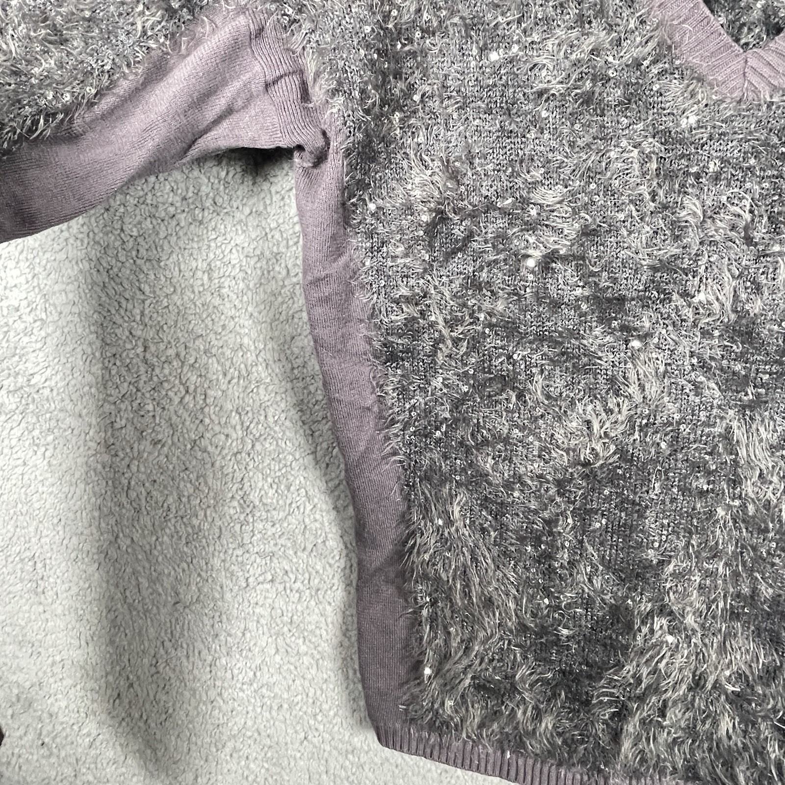 Trouvé Eyelash Fuzzy Sequin V-Neck Sweater Size L Gray Nordstrom